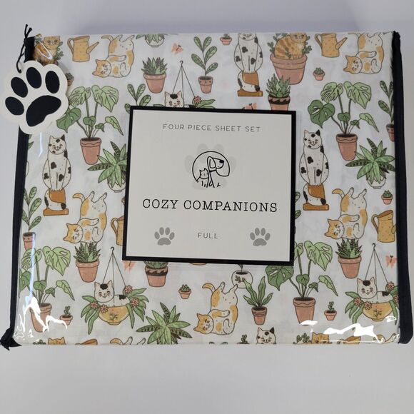 Cats Plants 4pc FULL Sheet Set Calico Orange Tabby Fern Aloe Monstera Succulents - Picture 9 of 9